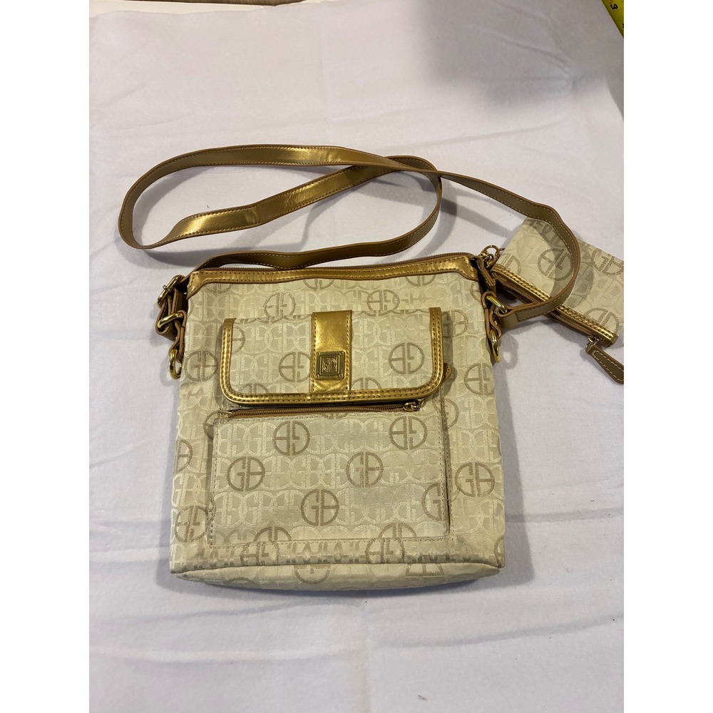 Giani Bernini Logo Jacquard Crossbody Bag Gold Cream Messenger with Coin Purse